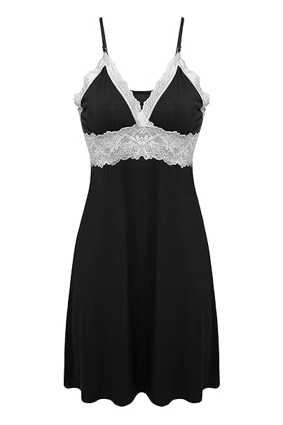 EKOUAER Nachtwäsche Sleepwear Sexy Negligee Träger Nachthemd Nachtkleid V-Ausschnit Kleid mit Spitzenbesatz für Damen