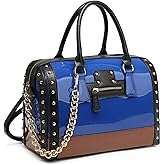 Dasein Women's Barrel Bag Shiny Patent Faux Leather Handbag with Rivet Decoration Top Handle Satchel Shoulder Purse