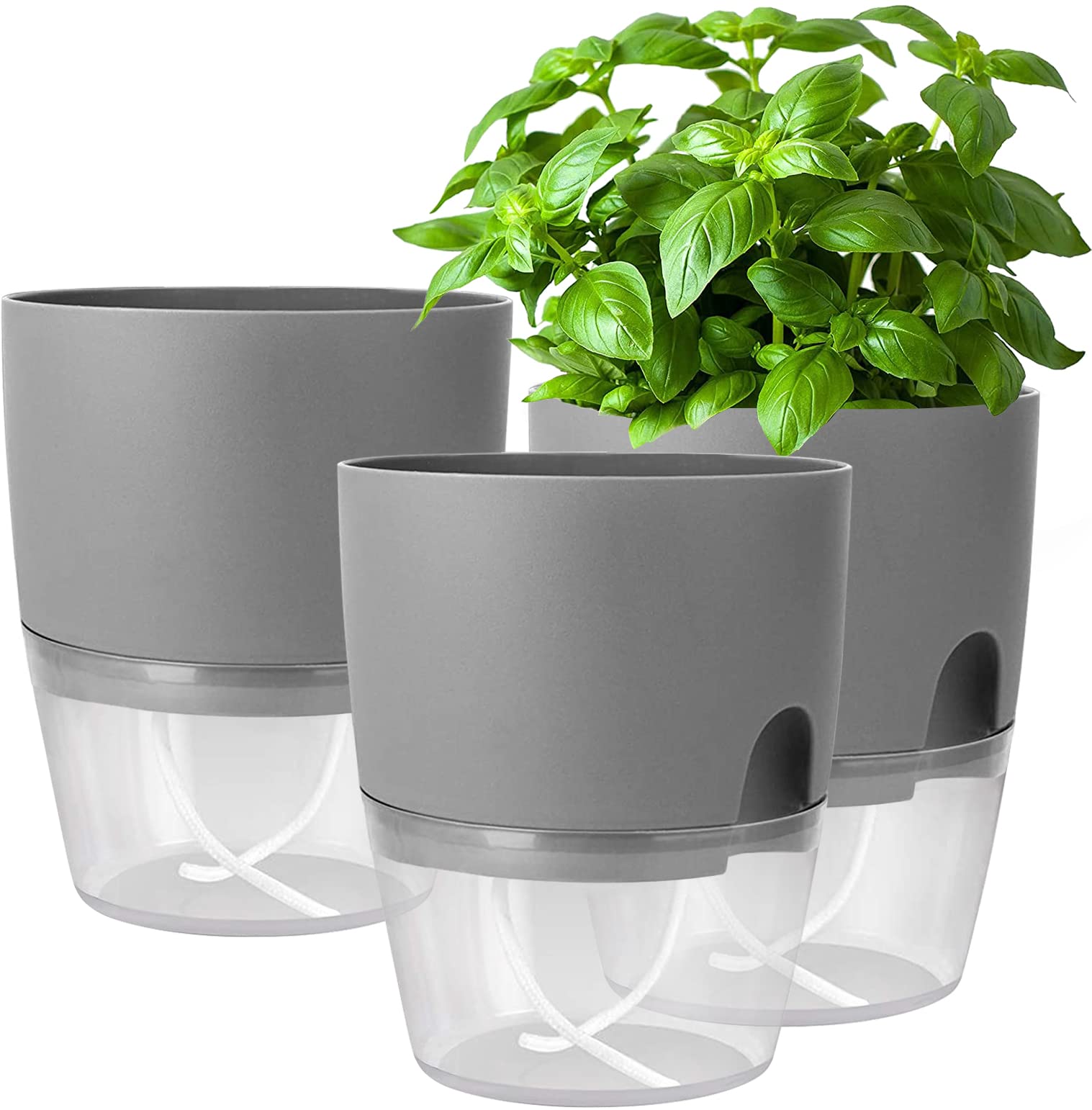 iDattel Plastic Plant Pots Indoor,15.3CM Self Watering Plant Pots 3 Pack,Flower Pot Modern Decorative Plastic Planter with Extra Large Water Storage for All House Plants, Flowers, Herbs(Gray) — image 1