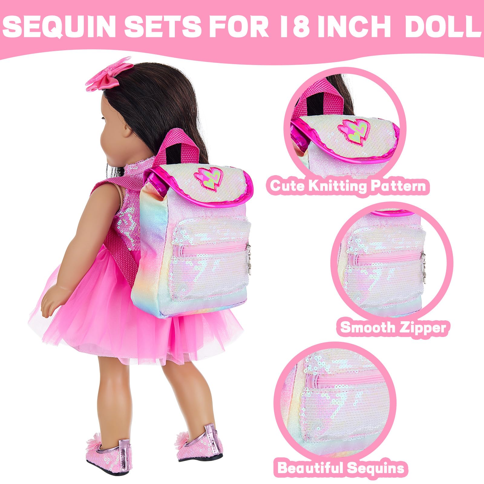 ECORELF American 18 Inch Doll Clothes and Accessories, Sequin Doll Backpack Accessories Set Included 18 inch Girl Doll Backpack,Sequin Gauze Dress,Doll Shoes,Bow Knot Hairpin,Hand Chain(No Doll)