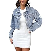 andy & natalie Women's Cropped Jean Jacket Fashion Frayed Hem Denim Jacket Long Sleeve Dressy Button Down Outfit Jackets