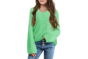 Imily Bela Girls Bell Sleeve V Neck Knit Sweaters Kids Fashion Crop Pullover Sweater Tops