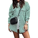 Canbebig Womens Shacket Houndstooth Jacket Long Sleeve Plaid Shirts Casual Button Down Blouses Plus Size Coat Fall Jacket