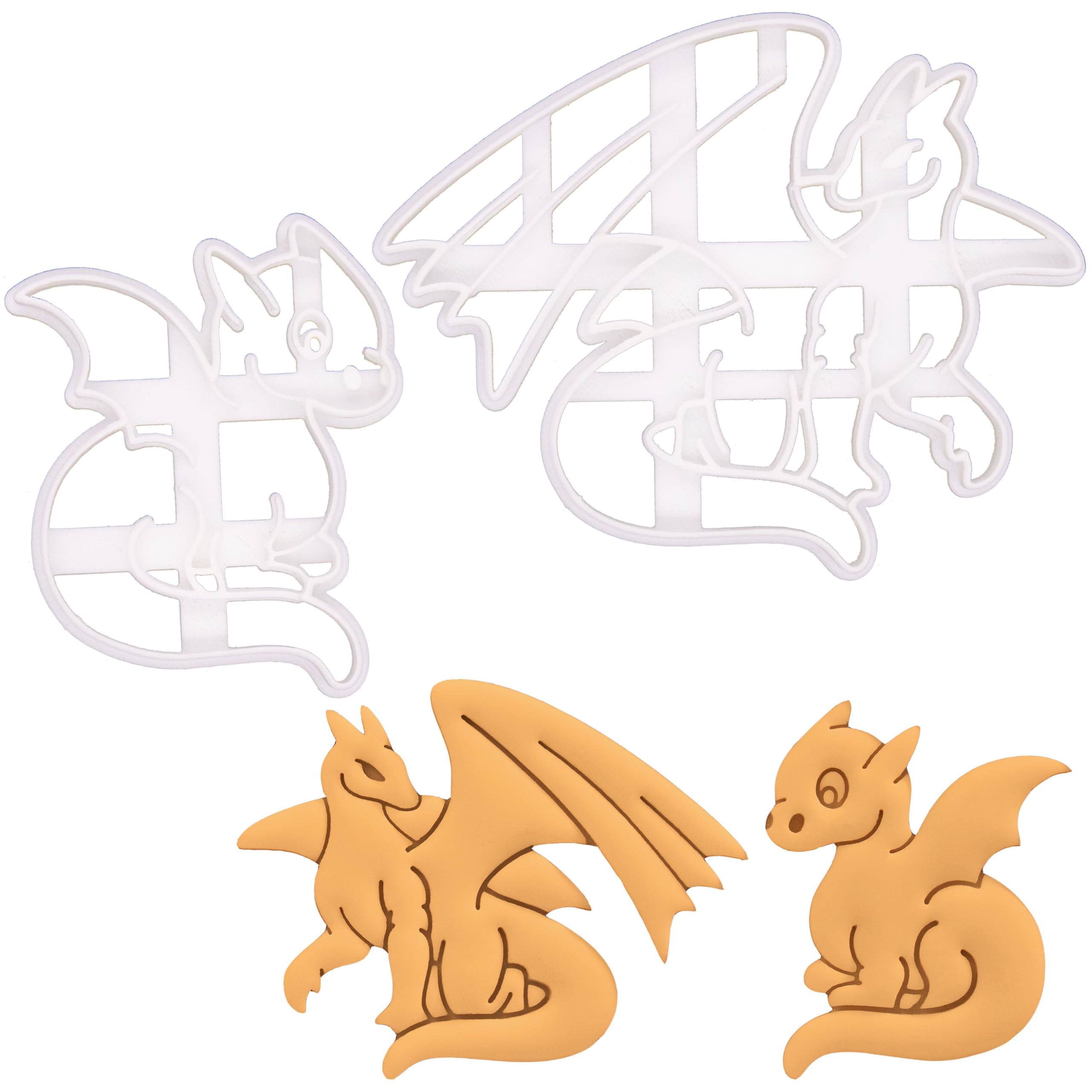 BAKERLOGY Set of 2 Dragon Cookie Cutters (Designs: Adult Dragon and Baby Dragon) - Detailed Biscuit Cutter Design for Baking and Crafts, Ideal on Fondant, Dough, Clay