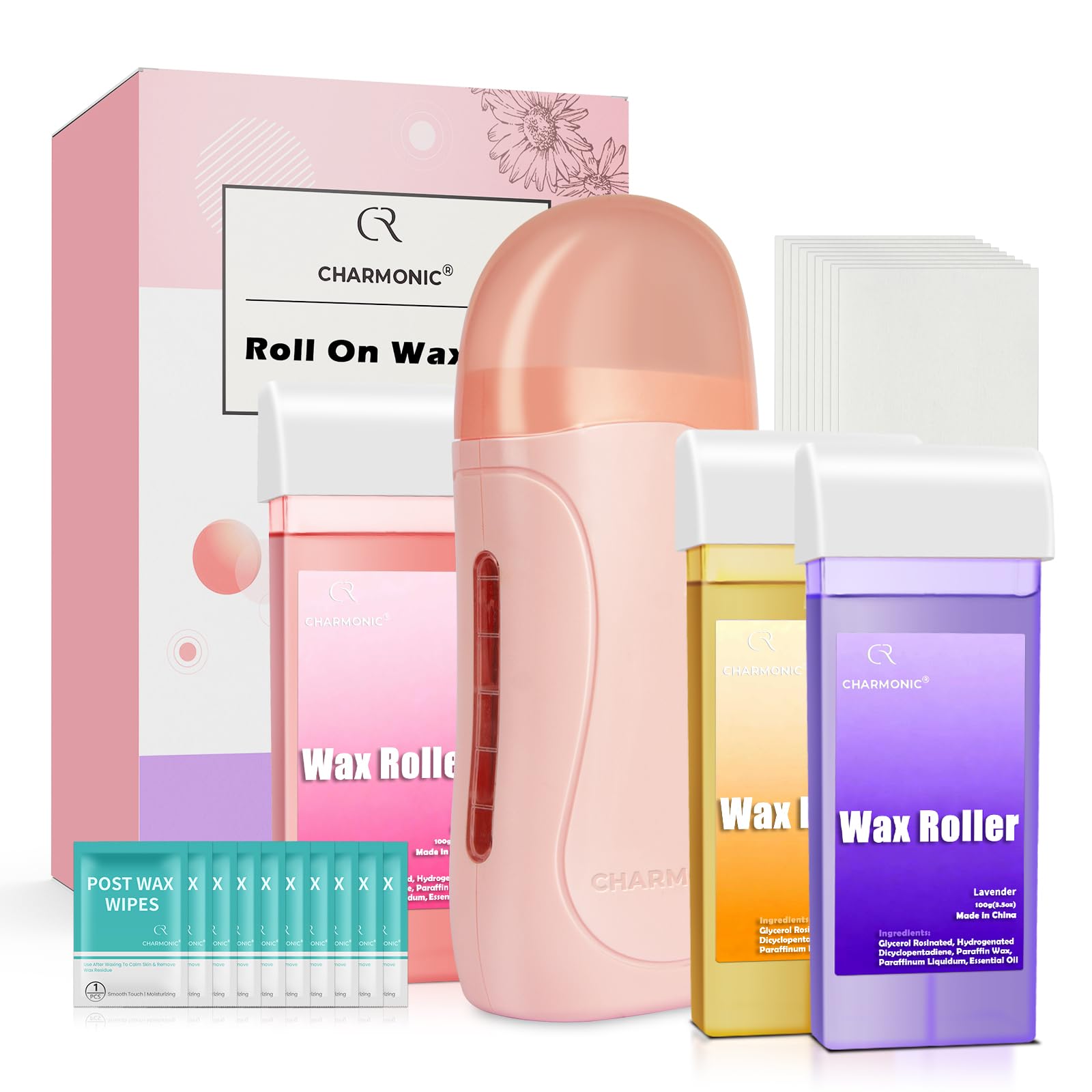 Photo 1 of **USED** Roll On Wax Kit, Portable Wax Roller Kit for Coarse/Fine Hair Removal, Beginners Waxing Roller for All Skin Types with 3 Pcs 100g Roll Cartridge, 100 Non-Woven Strips & 10 After Oil Wipes (F1_Pink)
