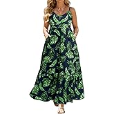 Women's Plus Size Summer Maxi Sun Dress Spaghetti Strap Ruched Bust Long Casual Sundress with Pockets