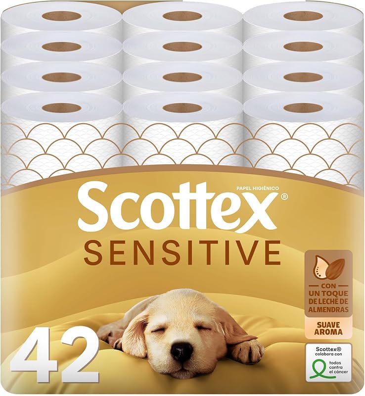Papel Higiénico Sensitive 42 rollos con 3 capas cuidado delicado gracias al toque de leche de almendras (7 packs de 6 rollos)