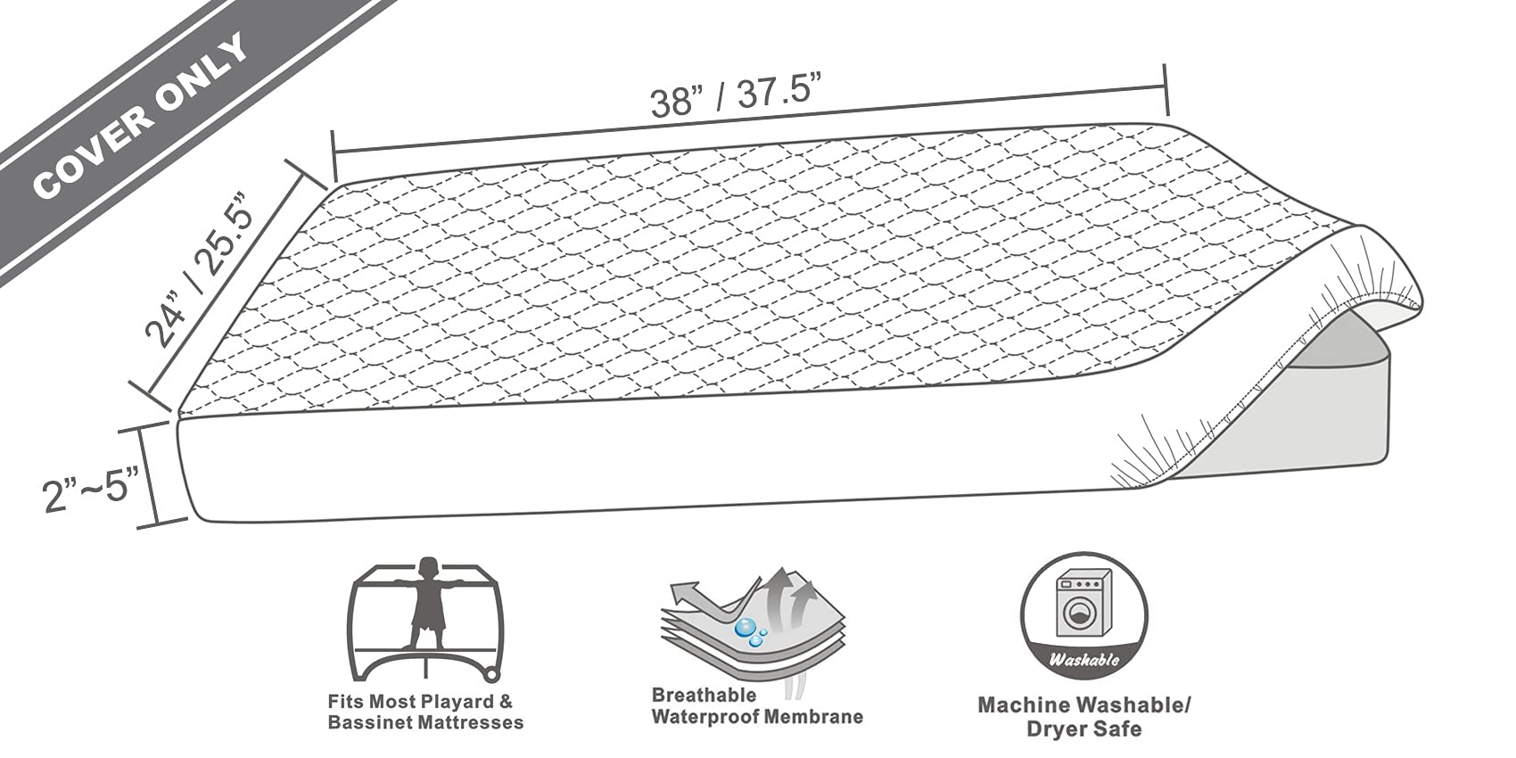 BlueSnail Quilted Waterproof Pack N Play Mattress Fitted Cover for Tollder, Portable Mini Crib Sheet, Comfortable and Breathable Playard Sheet (Snow White)