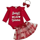 MBMSHEGH Baby Girls Daddy's Little Valentine Outfit Ruffle Long Sleeve Romper+Sequin Heart Tulle Skirt+Headband 3Pcs Clothes