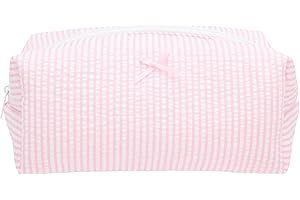 PAZIMIIK Cozy Makeup Bag Travel Cosmetic Bag for Women Soft Toiletry Bag Aesthetic Makeup Organizer Portable Large Zipper Pouch for Skincare Beauty Accessories Brushes Stripe Pink