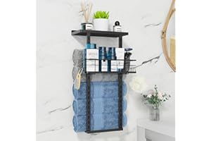 Johamoo Towel Racks for Bathroom, Wall Mounted Towel Rack for Rolled Towels with Shelf, Camping Chair Storage for Garage, Multifunctional Metal Storage Rack Wall Holder Organizer with Storage Basket