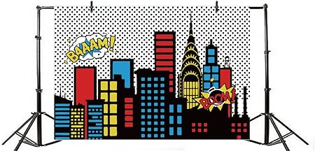 Amazon Yeele 7 X 5ft Cartoon Comic Super Hero City写真の写真背景背景幕ビニールユーモア抽象スーパーヒーローベビーシャワー女の子誕生日パーティー写真ビデオシュートstudioプロップ壁紙 バックペーパー 背景布 通販