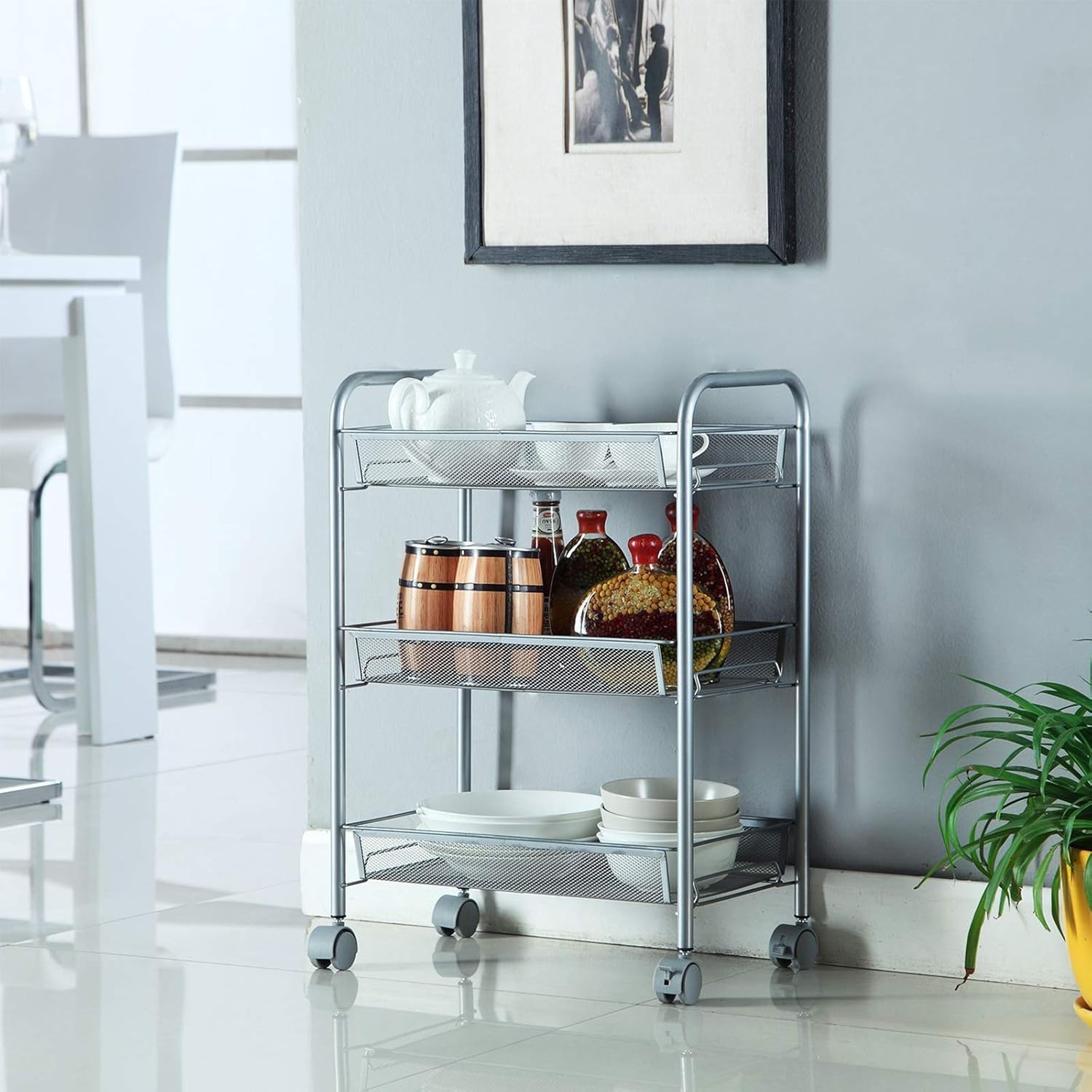 Homfa 3-Tier Mesh Wire Rolling Cart Multifunction Utility Cart Kitchen Storage Cart on Wheels, Steel Wire Basket Shelving Trolley,Easy Moving,Silver: Home & Kitchen