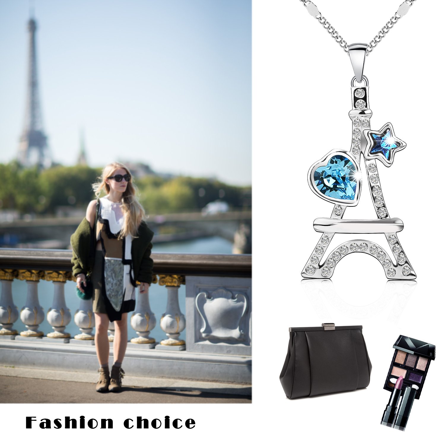 Pealrich “ Eiffel Tower” Style Fashion Jewelry Pendant Love Necklace with Swarovski Crystal,Best Gifts for Women and Girls (Blue)