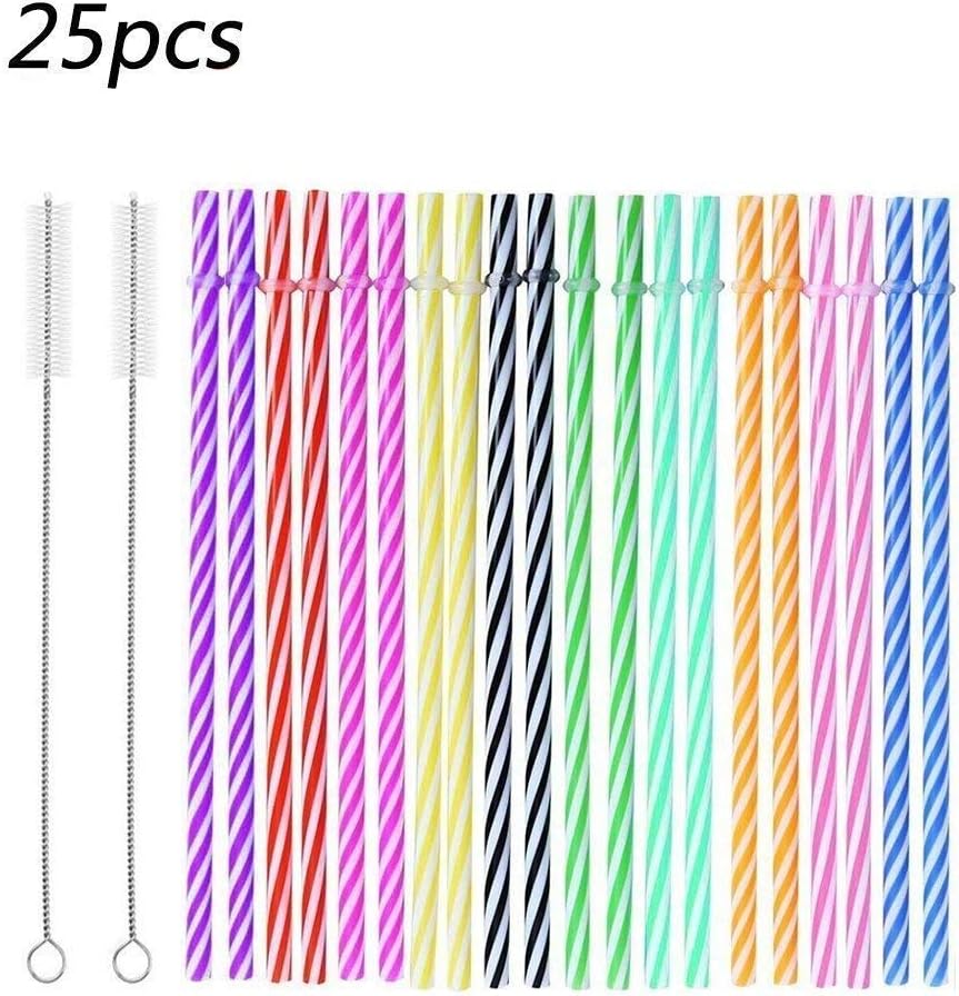 Reusable Plastic Straws Drinking Hard Straws Rainbow Colorful BPA-Free Retro Stripe Deign Thick Plastic Drinking Straw for Party Or Family Use with Free Cleaning Brush