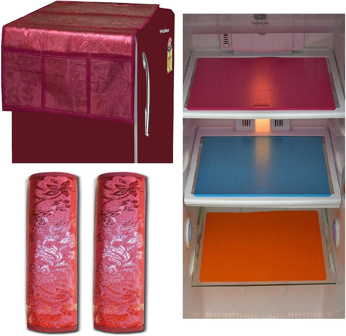 Unique Productions Combo of Plastic Refrigerator , Handle Cover and Mat, Standard Size, Maroon -Set of 3 pieces