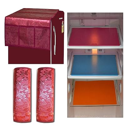 Unique Productions Plastic Combo of Refrigerator 2 Pieces Body and Handle Cover with 3 Pieces Fridge Mat (Multicolour)