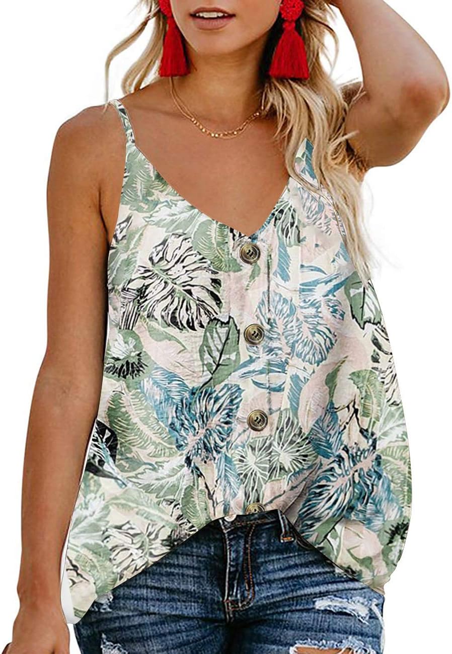 TECREW Women's Button Down V Neck Spaghetti Straps Tank Top Casual Sleeveless Summer Shirts Blouse