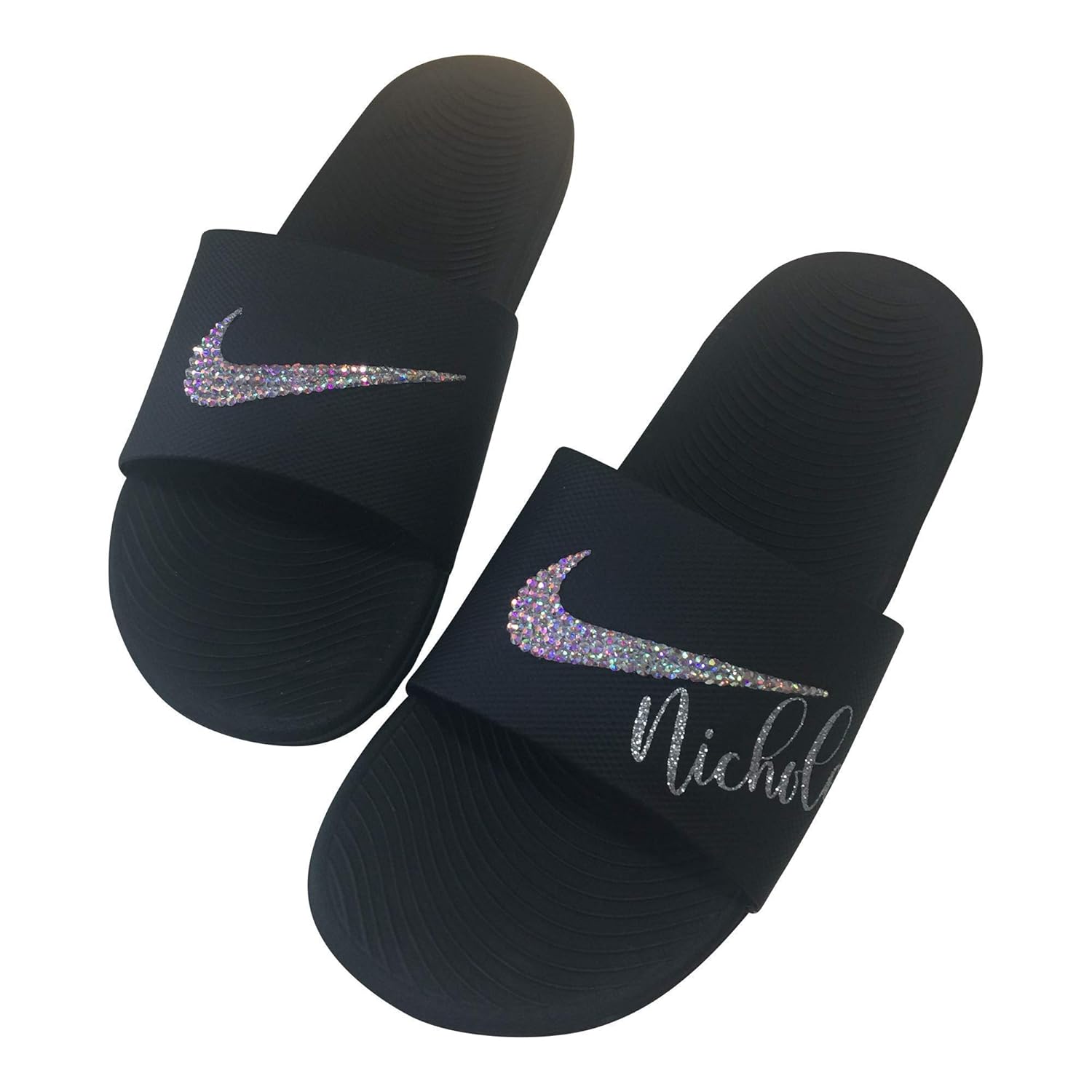 gold check nike slides