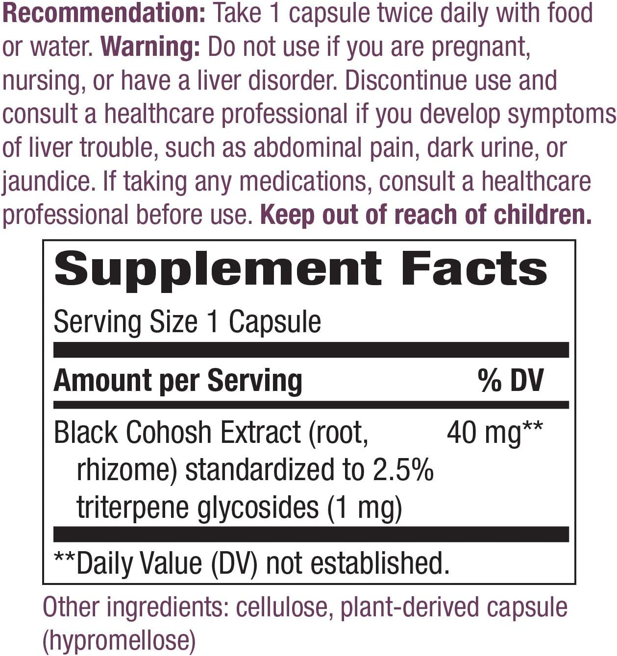 Nature's Way Standardized Black Cohosh, 2.5% Triterpene Glycosides per serving, 40 mg per serving, Non-GMO Project Verified, Gluten Free, Vegetarian, 120 Capsules: Health & Personal Care