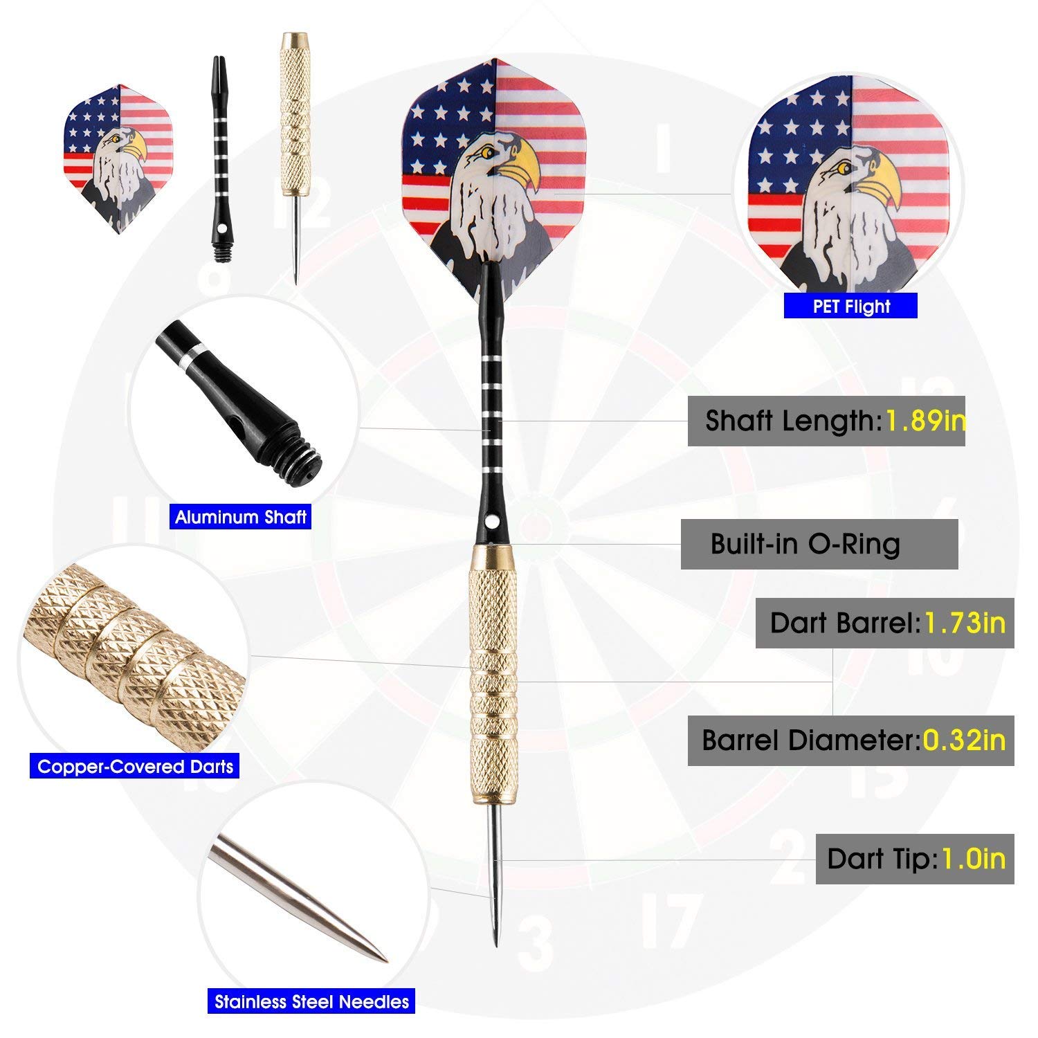 Freccette Steel, 15 Pezzi 18g Dardo Punta in Acciaio con Dart Sharpener e 3 Voli Extra per Professionisti o Principianti VOOKI