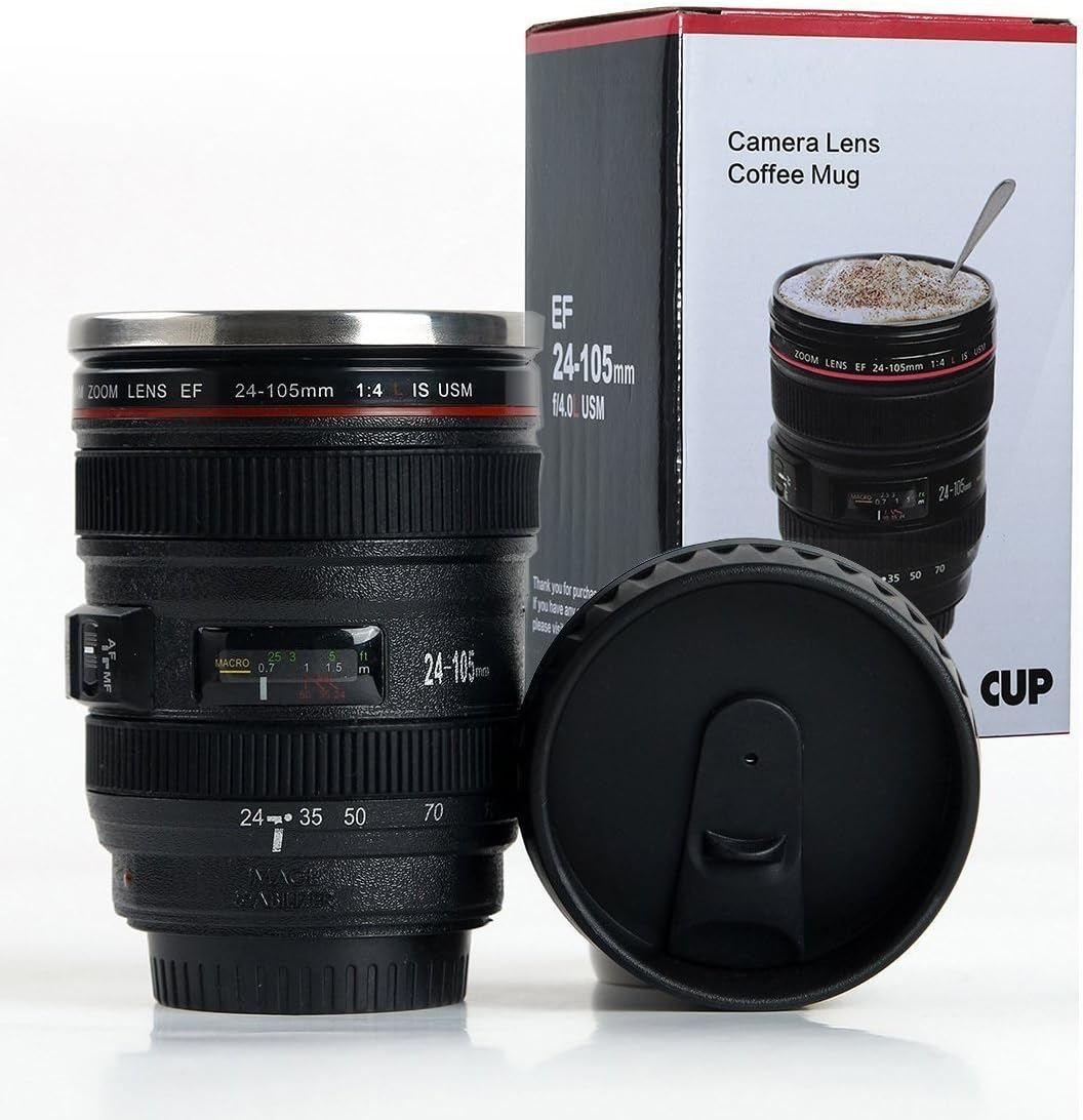 MaxelNova® Camera Lens Coffee Mug | Steel Insulated Travel Mug, Thermos (400 ML, Black)