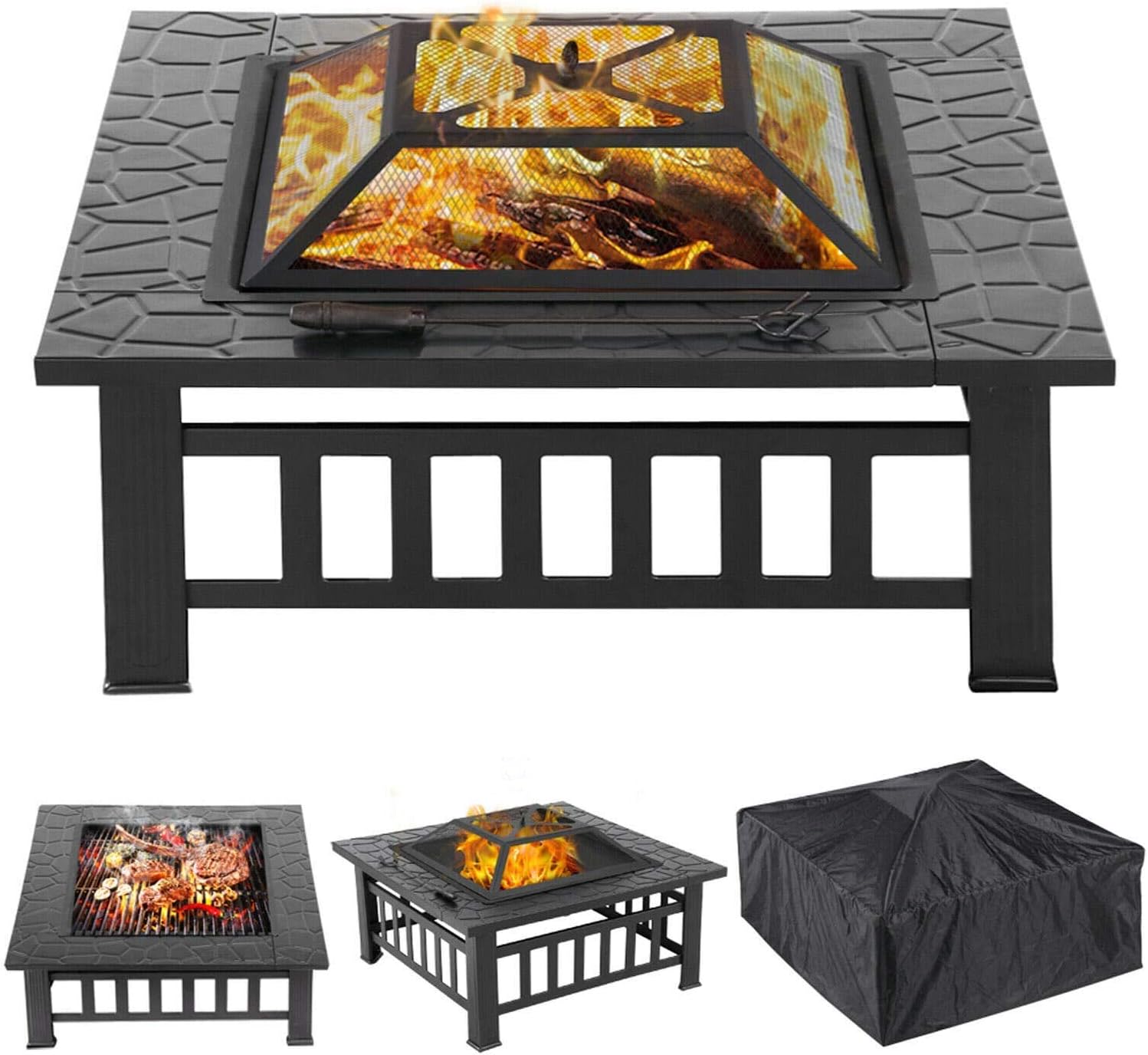 LIVIVO Cadiz Square Fire Pit Brazier with Mesh Spark Guard, BBQ Grill