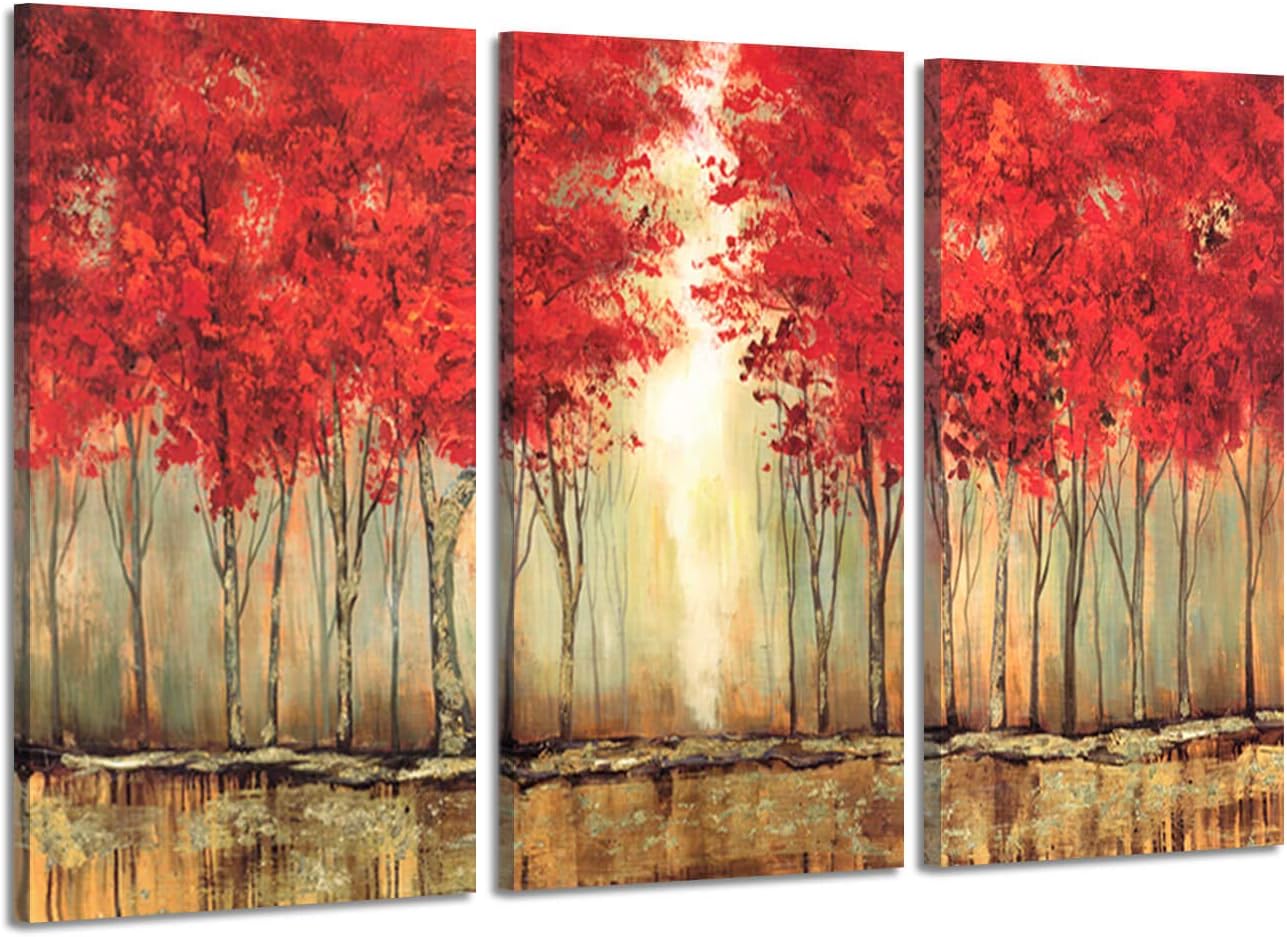 Hardy Gallery Abstract Artwork Picture Scenery Paintings: Sunlit for Changing Seasons with Red Trees in Bloom Forest Acrylic Painting Print Multi-Piece Image on Canvas for Walls