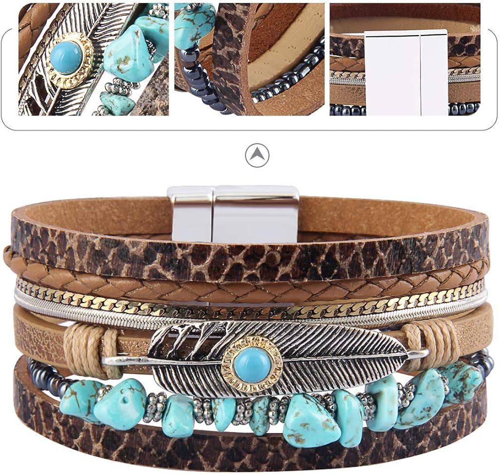 GelConnie Turquoise Wrap Bracelet Feather Cuff Bracelet Bohemian Woven Bracelet for Women Gift LPB306-Brown: Jewelry