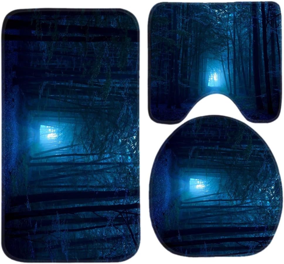 Dark Blue Night Forest Bath Mat Set,3 Piece Bathroom Mats Set Non-Slip Bathroom Rugs/Contour Mat/Toilet Cover by TEYAYA