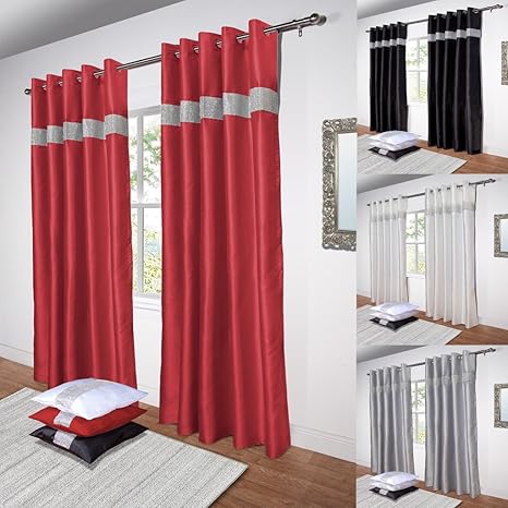 Curtains Pelmets Black Ready Made Faux Silk Eyelet Curtains