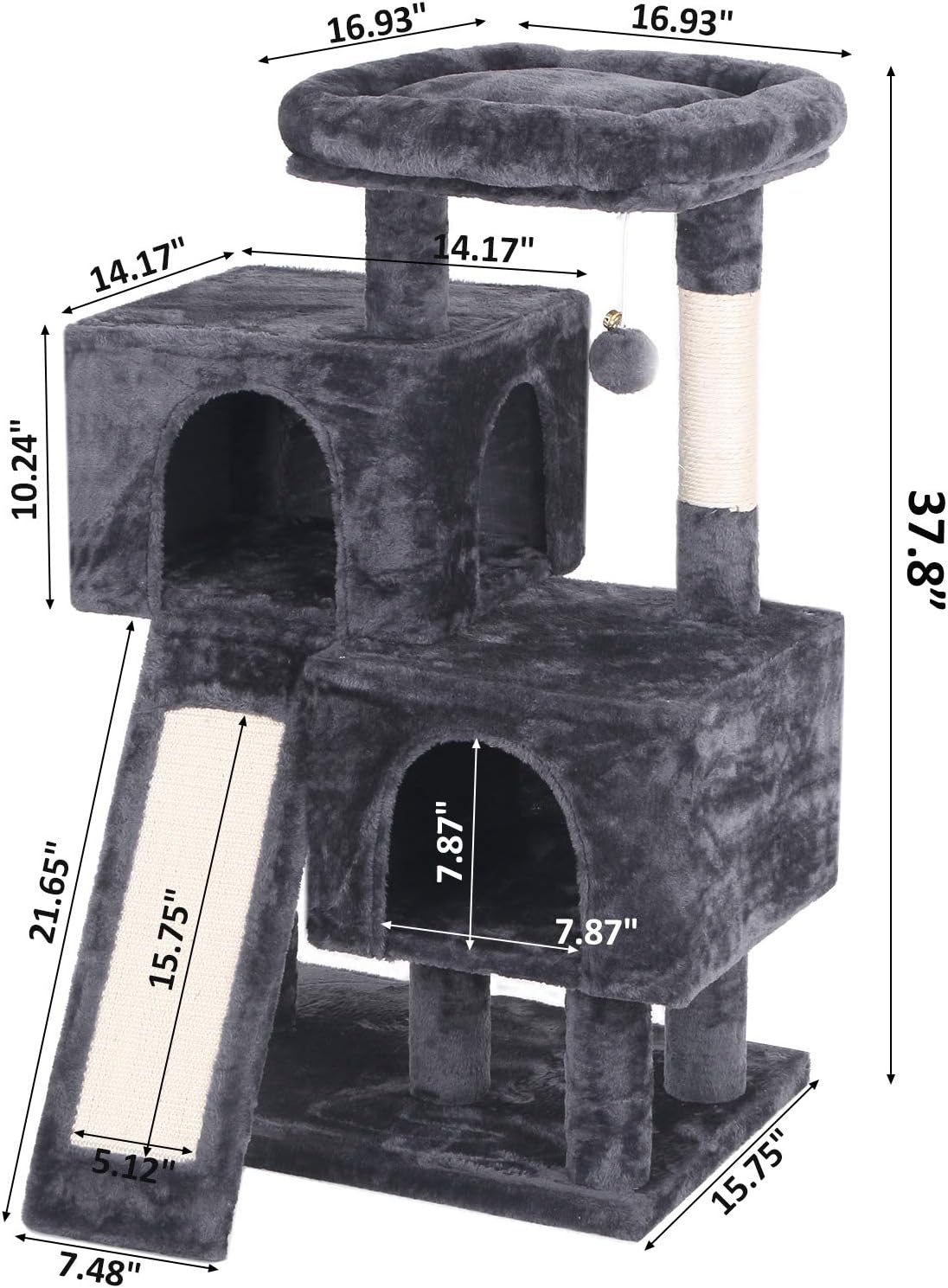 BEWISHOME Cat Tree Condo with Sisal Scratching Posts, Scratching Board, Plush Perch and Dual Houses, Cat Tower Furniture Kitty Activity Center Kitten Play House, Grey MMJ10B : Pet Supplies
