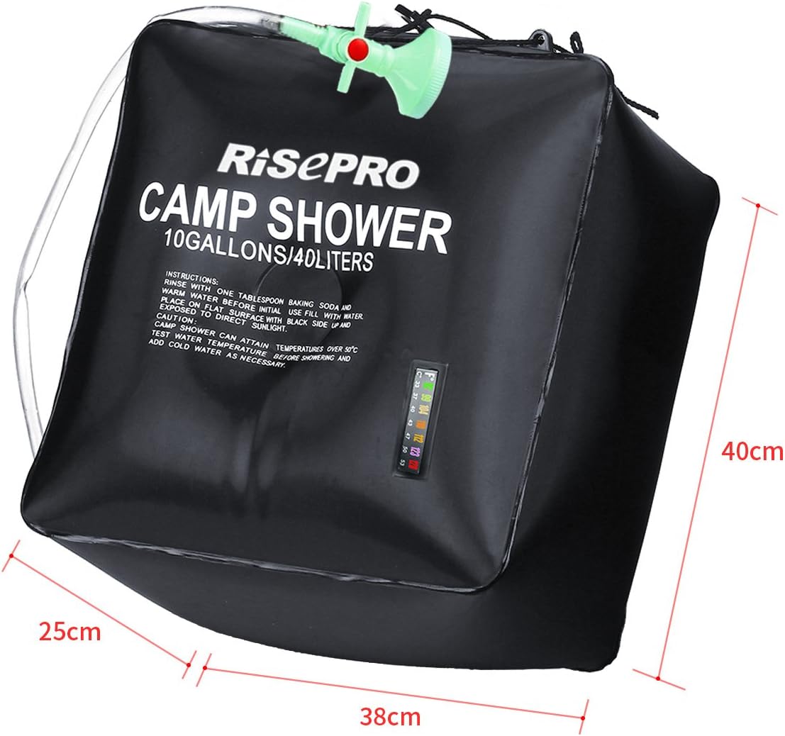 RISEPRO Solar Shower Bag, 10 gallons/40L Solar Heating Camping Shower Bag with Temperature Hot Water 45°C Hiking Climbing XH07 : Sports & Outdoors
