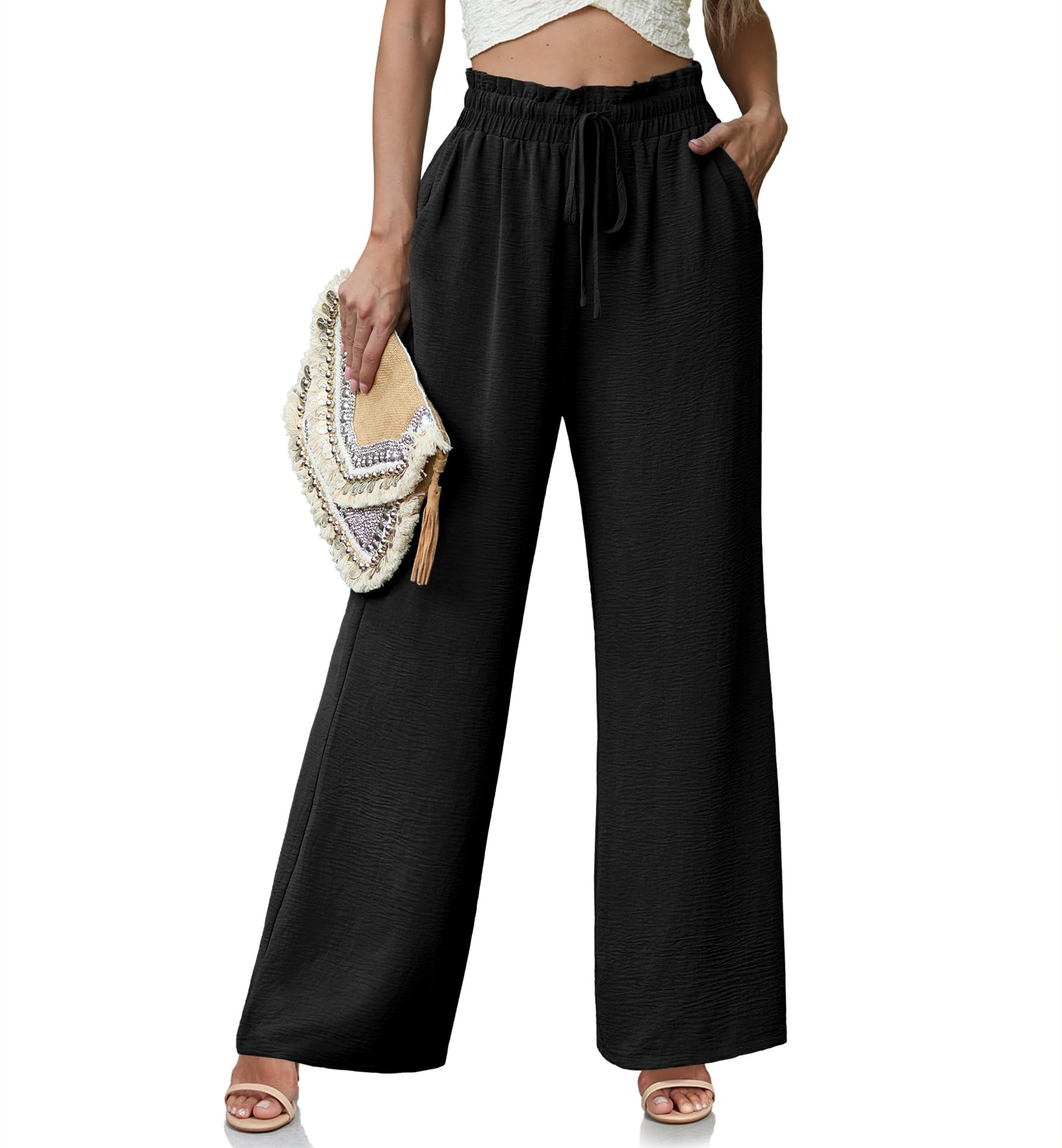 Photo 1 of Lepunuo High Waisted Palazzo Pants Wide Leg Pants Casual Flowy Pants Boho Lounge Pants Vacation Travel Outfits A - Black