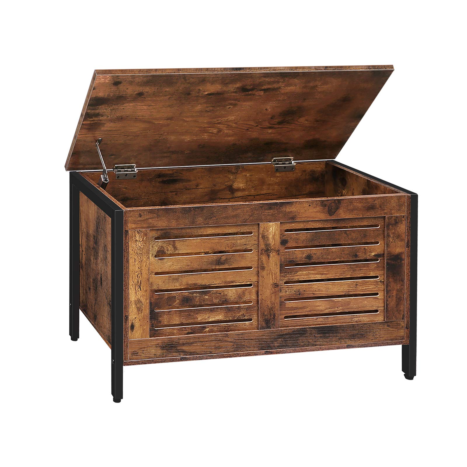 HOOBRO Storage Chest, Lift Top Toy Box Organizer with Safety Hinge, Sturdy Entryway Storage Bench, Wood Look Accent Furniture with Metal Frame, Louvered Door, Rustic Brown BF85CW01