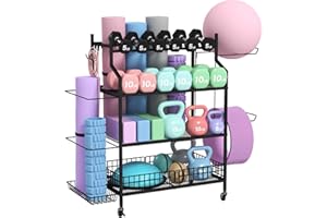 Hadulcet Dumbbell Rack, Heavy Duty Weight Rack for Home Gym, Yoga Mat Storage Racks, Home Gym Storage Rack for Yoga Mat, Kettlebell & Balls, Adjustable Width Exercise Equipment with Lockable Wheels