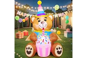 5FT Inflatable Bear with Birthday Cake Blow up Outdoor Yard Decorations, Built-in LED Lights for Holiday Party Garden Lawn In