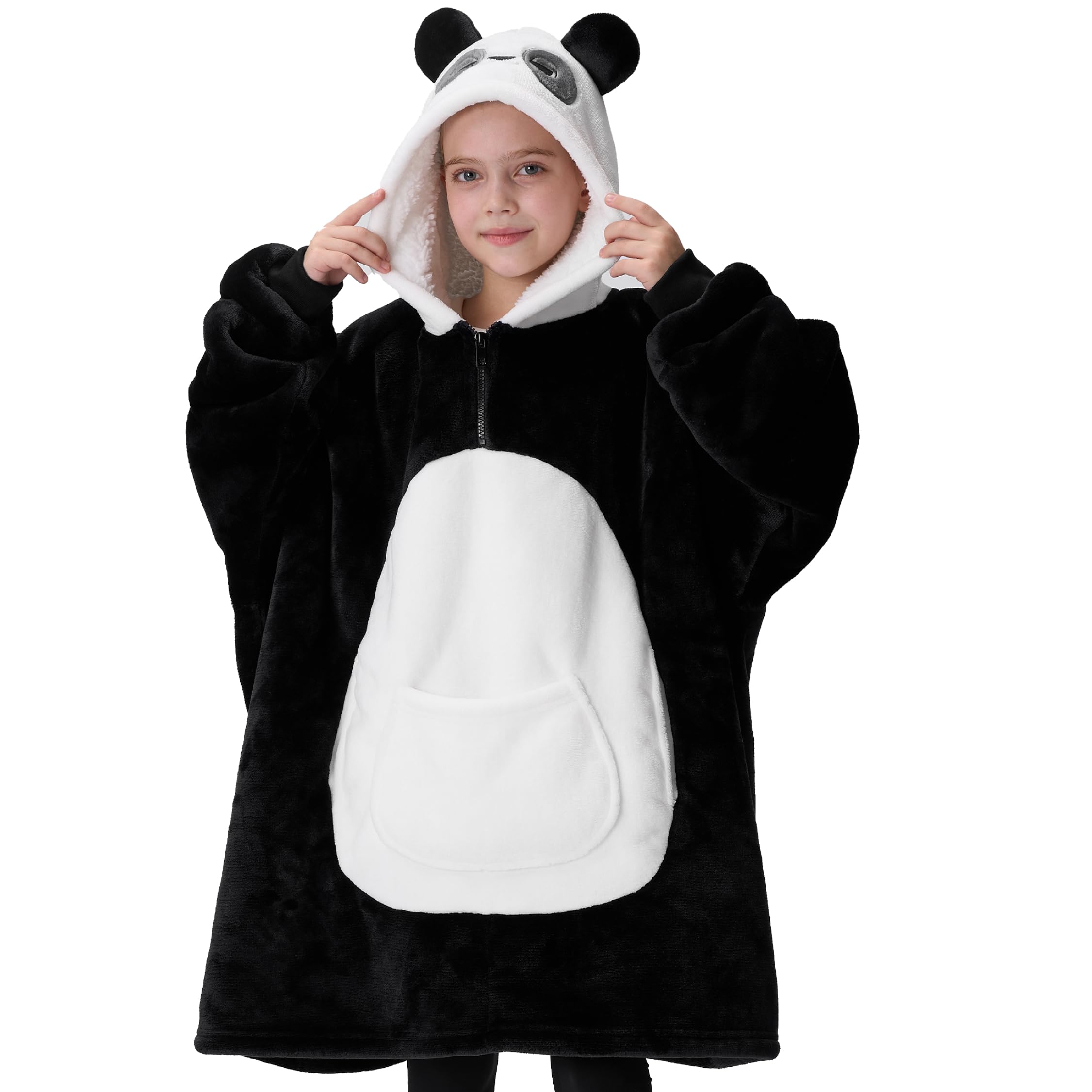 Giggling Getup Panda Wearable Blanket Hoodie - Oversized Soft Sherpa Fleece Hooded Blanket - Warm Cozy Plush Flannel Blanket Sweatshirt Gifts - with Giant Pocket and Sleeves for Kids Girls Boys
