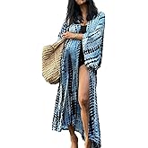 Meiling Women's Tie-front Kimono Cardigan Belted Bikini Bathing Suit Cover Up Printed Beach Long Robe Dress (Print 33)