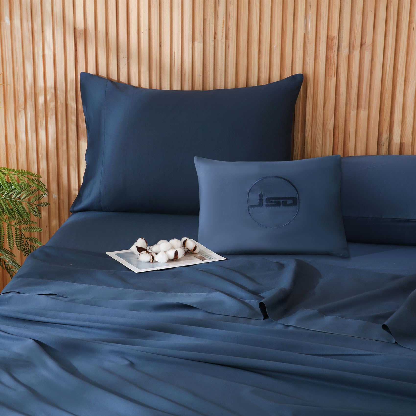 Photo 1 of JSD 100% Cotton Sheet Set Twin, Navy Blue Sateen Sheets, 300 Thread Count Soft Breathable Cooling Sheets Deep Pocket