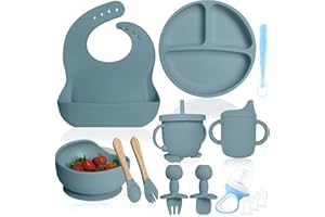 Bluet B- Silicone Baby Feeding Set with Pacifier - Baby Led Weaning Supplies - Baby Spoons, Suction Bowl - Plate - Baby Utensils Set - Silicone Feeding Set for Baby First Foods - 11pcs - Blue