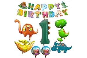 Mutpne Dinosaur 1st Birthday Party Balloon Kit, 9 Pcs Mylar Foil Balloons with Happy Birthday Banner, T-Rex, Triceratops, Bra