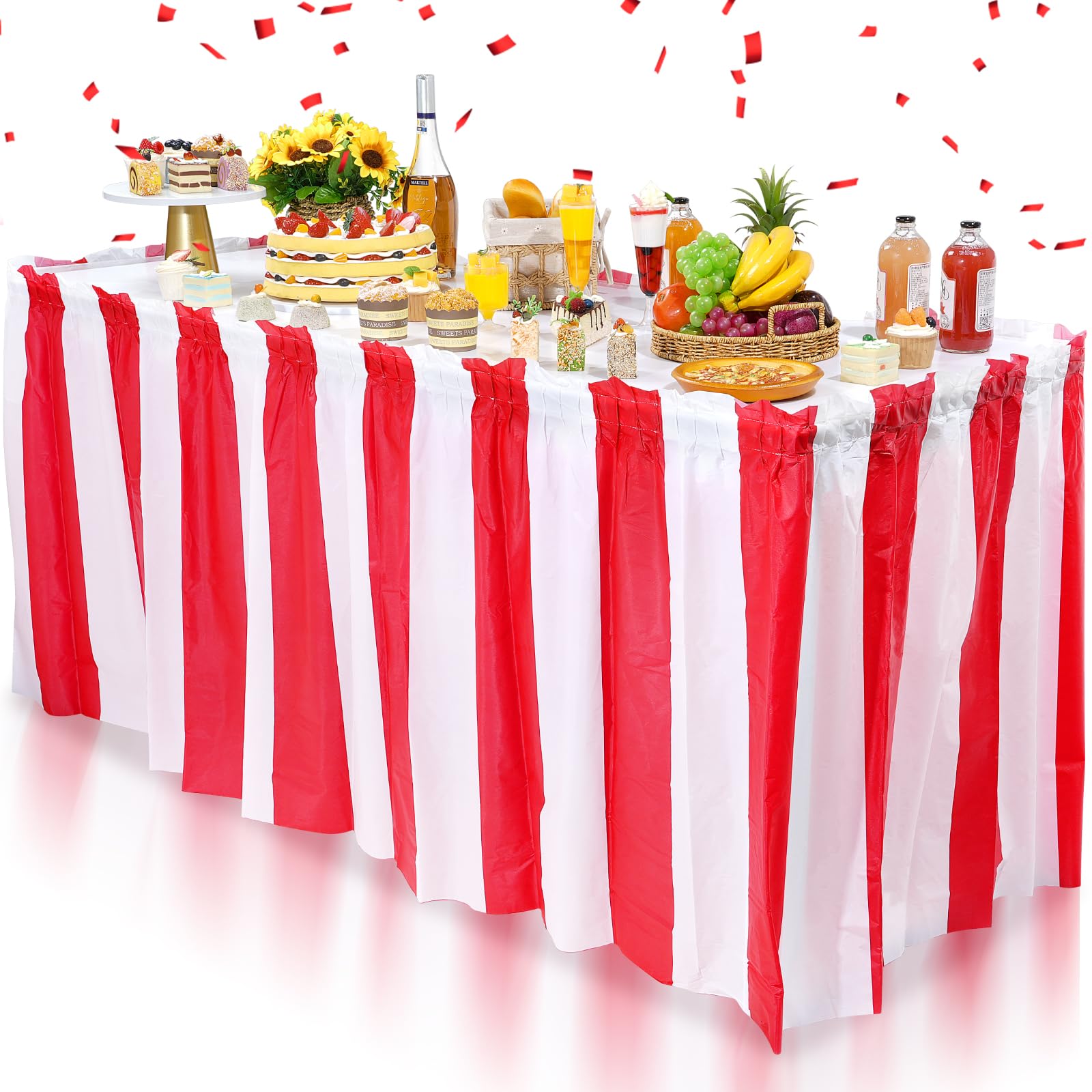 Photo 1 of 2 Pack Carnival Table Skirt Party Decorations, Red and White Striped Table Skirts, Disposable Table Decorations for Concession Stand Carnival Circus Themed Party Supplies Decorations, 2.4 x 14 Ft