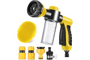 PERTHLIN 6 Pieces Dog Wash Hose Attachment with Soap Dispenser Pet Bathing Tool Set Dog Comb Brush for Pet Washing(8.27 x 4.72 x 5.51 Inch,Yellow)