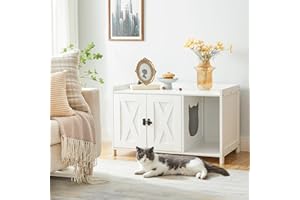 MAHANCRIS Cat Litter Box Enclosure, Hidden Litter Box Furniture with Divider, Indoor Cat House, Wooden Cat Washroom Storage Cabinet Bench, for Living Room, Bedroom, White CWWT2501