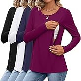Oakgarden 4 Pack Women's Cotton Nursing Tops Breastfeeding Maternity Hidden Zippers Crew Neck Long Sleeve Pregnancy Shirts