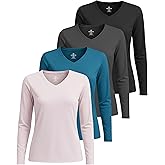 Real Essentials 4 Pack: Women's Long Sleeve Dry Fit V-Neck T-Shirt - Active Athletic Workout Gym Top (Plus Available)