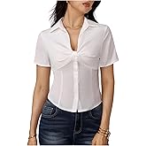 SweatyRocks Women's Ruched V Neck Button Front Blouses Short Sleeve Slim Fit Summer Shirts