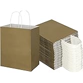 Toovip 100 Pack 8x4.75x10 Inch Medium Gold Kraft Paper Bags with Handles Bulk, Gift Wrap Bags for Favors Grocery Retail Party Birthday Shopping Business Goody Craft Merchandise Take Out Sacks