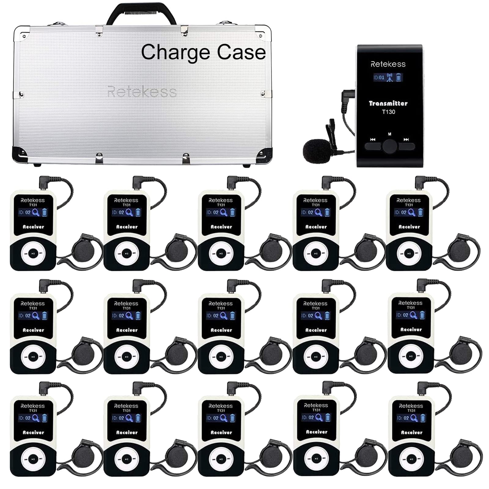 Caja de 1 Transmisor 15 Receptores, Sistema de Guía Turístico Inalámbrico Retekess T130, Equipo de Traducción para Iglesia, Estilo Clásico, Fácil de Usar, Dispositivos de Asistencia Escucha para Escuela, Fábrica